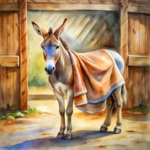 Draw me a donkey covered with a beautiful blanket. The donkey is standing in the barn."