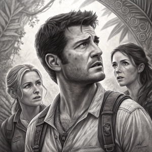 Illustration of Nathan Drake from Uncharted, surrounded by Elena Fisher and Chloe Frazer. Black and white pencil sketch with detailed facial expressions. Intricate background details, dynamic composition