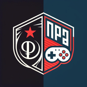 Sophisticated logo design featuring a fusion of Latin and Cyrillic characters. Bold, modern aesthetic with retro gaming influences. Black and vibrant colors create a striking emblem on the left side.