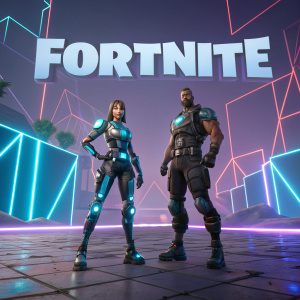 Fortnite characters, including a girl robot and a muscular male, standing in front of a giant Fortnite logo in a virtual landscape.
