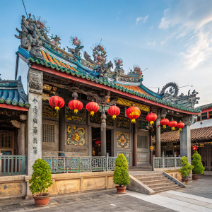 A vibrant photo of the Khoo Kongsi Clan House. Traditional Chinese architecture, vibrant colors. Blue, green, gold. Festive decorations, intricate details