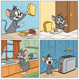 Comic strip featuring Tom and Jerry in a kitchen setting. Multiple panels depict Tom's various reactions to Jerry's playful mischief.