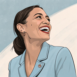 Cartoony depiction of Alexandria Ocasio-Cortez. She beams with an over-the-top grin. Light blue blouse, simple backdrop.