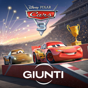 Promotional poster for Disney-Pixar's Cars 3. Features Lightning McQueen and other racing cars on a winners podium. A bright and colorful scene, with Giunti logo at bottom.