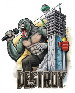 king kong screaming into microphone while climbing building logo "Destroy" 