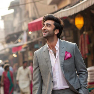 Ranbir Kapoor, south asian male, grinning widely. In gray suit, white shirt, and pink handkerchief. Shooting scene in bustling market street with passersby.