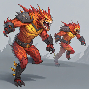 In a vibrant video game scene, two fierce Jabber creatures from Borderlands 3 leap into action. Their bodies are a mix of fiery red, bright orange, and deep gray. With muscular builds and razor-sharp features, these mythical beings are poised for battle. Set against a simple gray backdrop, the detailed digital illustration highlights their dynamic stance and intricate textures.