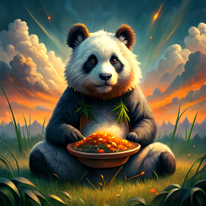a panda sitting on grass and eating biryani, background will be reddish and cloudy 