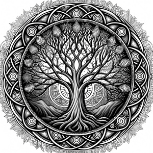 Nordic yggdrasil –  high-definition design grey and black, realistic tattoo design, white background