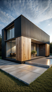 Modern luxury minimalist cubic house, villa with wooden cladding and black panel walls and landscaping design front yard. Residential architecture