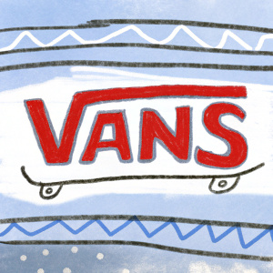 A creative logo design for VANS featuring a bold, wavy font. The word 'VANS' in white and blue colors stands out against a solid background. Above the text, a simple line drawing of a skateboarder.