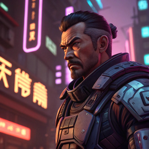 Katagawa Jr., from Borderlands 3, scowling intensely. Wearing futuristic armor, set against neon-lit cityscape.
