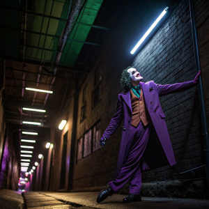 The Joker from Batman, wearing purple suit, green hair, standing in a dramatic pose. Dark alley background with neon lights