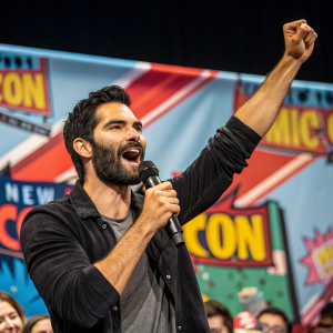 Tyler Hoechlin, bearded actor, speaking passionately into microphone at New York Comic Con. Vibrant audience and colorful banners backdrop.