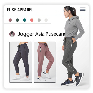 Screenshot of FUSE APPAREL website showcasing Jogger Asia Pusecanc's jogger pants. Multiple color options highlighted.