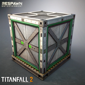 Concept art for Titanfall 2, showcasing a modular game environment. The structure is metallic, with a gray and green color scheme, featuring a grid-like pattern and cross-braces, creating a sturdy, industrial look. The background is a muted gray tone, with the Respawn Entertainment logo and the game title 'TITANFALL 2' prominently displayed.