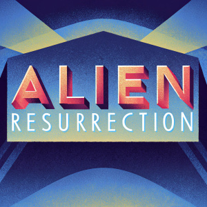 Alien Resurrection movie poster, bold red letters on black background.