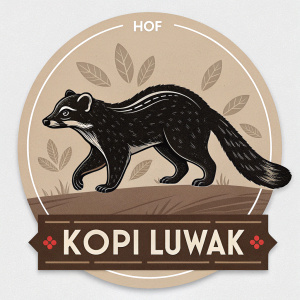 Digital illustration for Kopi Luwak CD cover. Central figure: stylized black civet in dynamic pose. Neutral toned background. Brand name 'Hof' and 'Kopi Luwak' prominently displayed.