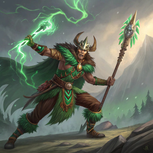 Mortha, a mystical shaman from the game Dragon Champions, depicted in a fierce battle stance. Vibrant fantasy art with rich green and brown hues. Emphasis on intricate attire and accessories. Digital artwork.