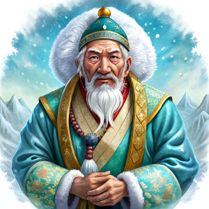 The white elder of the Buryat Sagaan Ubgen in a white Buryat robe