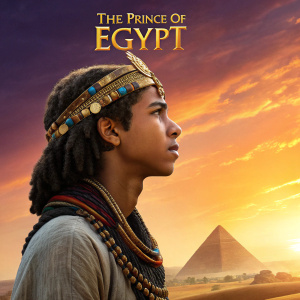 Movie poster for 'The Prince of Egypt'. Central figure: young prince with resolute look. Characters: traditional Egyptian attire and accessories. Background: warm sunset, desert, pyramid. Vibrant colors, traditional Egyptian aesthetics. Dynamic, engaging composition.