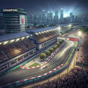 Aerial view of Marina Bay Street Circuit during Formula One night race. Spectators fill the grandstands, floodlights illuminate the track. Modern buildings with 'Singapore' signage in the background.