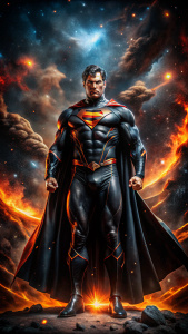 evil superman, in his classic black suit, takes over and enslaves galaxies. 