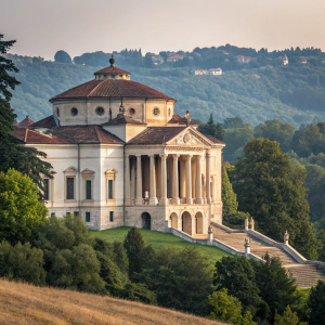 The iconic Villa Almerico Capra, aka Villa La Rotonda, a UNESCO World Heritage gem. Majestically stands, surrounded by lush greenery. Palladian design with columns and a central dome. Earthy tones and classical elements blend seamlessly.