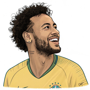 Cartoony illustration of Neymar Jr. Emphasis on face and upper body. Curly hair and beard. Sketch-like style with simple details.