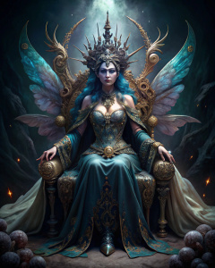 A fey ruler of darkness on her throne, photorealistic