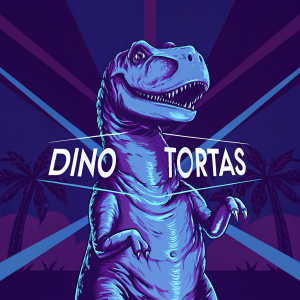 The Dino Tortas logo features a whimsical cartoon dinosaur with a playful smile. The background is a vibrant mix of pastel colors, giving it a fun and inviting vibe.