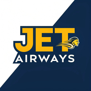 Jet Airways logo featuring dynamic yellow text and graphic. Background split between deep navy and crisp white.