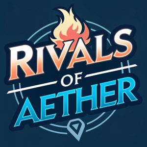 Dynamic logo for the game Rivals of Aether featuring a blazing fire emblem in shades of blue. Dark background highlighting vibrant colors. Graphic design adds excitement.