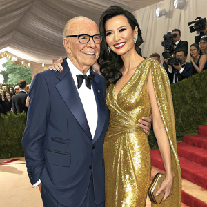 Rupert Murdoch and Wendi Deng at the Met Gala. He in a navy suit, she in a shimmering gold gown, both smiling warmly for the camera.