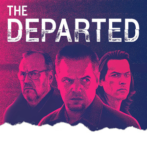 A promotional poster for 'The Departed' featuring a collage of actors' intense expressions. The color scheme is dark, with dominant red and black tones, creating a dramatic and ominous atmosphere.