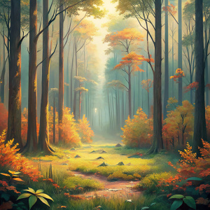 beautiful forest with grass and leafs background with 80% empty space in center