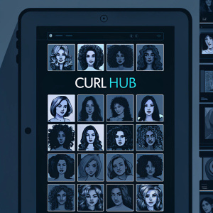 A digital overview of the 'Curl Hub' app, a tool for curly and wavy hair enthusiasts. The app showcases a variety of hairstyles in a grid format on its main screen, providing a clean and intuitive user interface.