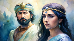 In the Bible, in ancient times, a middle-aged man with dark hair, King Ahab, and his wife Jezebel