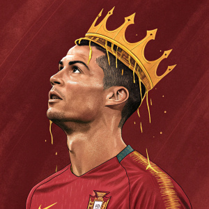 Cristiano Ronaldo, with a surreal golden crown melting over his head, standing against a deep crimson backdrop. His intense expression captured in a vibrant, textured style reminiscent of a dramatic Renaissance painting.