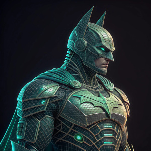 Digital illustration of a cybernetic hero, inspired by Batman from the Arkham series. The character is rendered in a detailed wireframe style with a futuristic digital art aesthetic. Set against a dark background, the hero sports a mix of silver and green hues, blending high-tech armor with classic bat motifs.