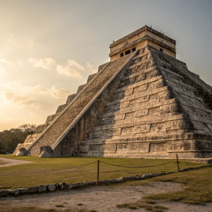 Ancient stone temple, Kukulkan Pyramid, Chichen Itza, Mexico. Majestic structure with layered terraces, made of irregularly shaped stones. Steps leading to the top. Golden hour lighting, soft shadows, serene atmosphere.