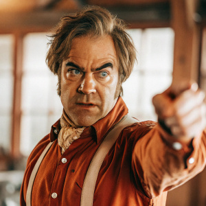 Roger Bart striking a dramatic pose. Solo shot, blurred background, intense gaze