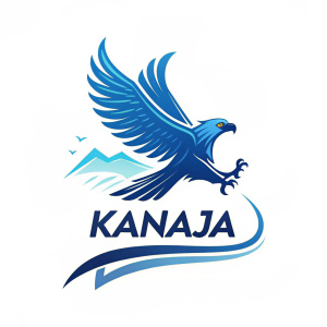 Dynamic logo design for 'KANAJA'. Blue eagle in flight. Modern font and cool blue tones.