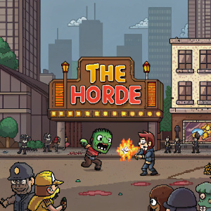 Pixel-art depiction of chaos in The Horde video game. Central city scene with 'THE HORDE' prominently displayed. Diverse characters including a green zombie, a police officer, and others populate the chaotic environment. Bright, varied color scheme highlights the action-packed gameplay.