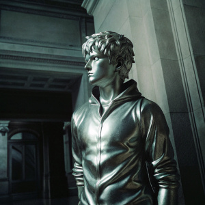 A 3D digital render of a gleaming chrome statue of Killua Zoldyck from the HunterxHunter universe. Set against a pure white backdrop.