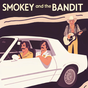 Promotional poster for 'Smokey and the Bandit'. Dynamic poses of Burt Reynolds, Sally Field, Jerry Reed, and Jackie Gleason. Capturing the essence and personalities of the main characters.