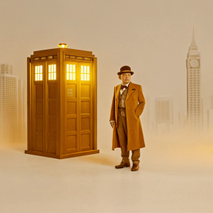 Patrick Stewart in steampunk attire, standing beside the TARDIS. Futuristic cityscape background
