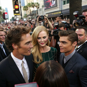 Matthew McConaughey, Nicole Kidman, and Zac Efron at Hollywood Walk of Fame. Crowded scene with paparazzi