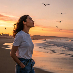 Gal Gadot, dressed casually in a white t-shirt and jeans, standing alone on a sandy beach at sunset.