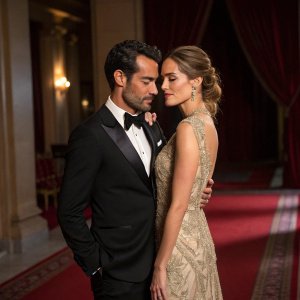 Aaron Diaz, in black tuxedo, and Lola Ponce, in intricate beige gown, embrace at gala. Dimly lit room, red carpet, rich curtains, soft lighting